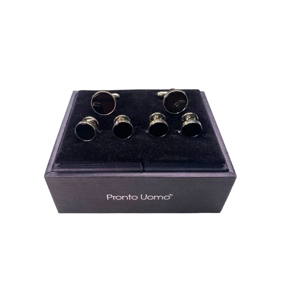 Men's Pronto Uomo Cufflink & Stud Set - Black/Silver - Men’s Warehouse M24298801